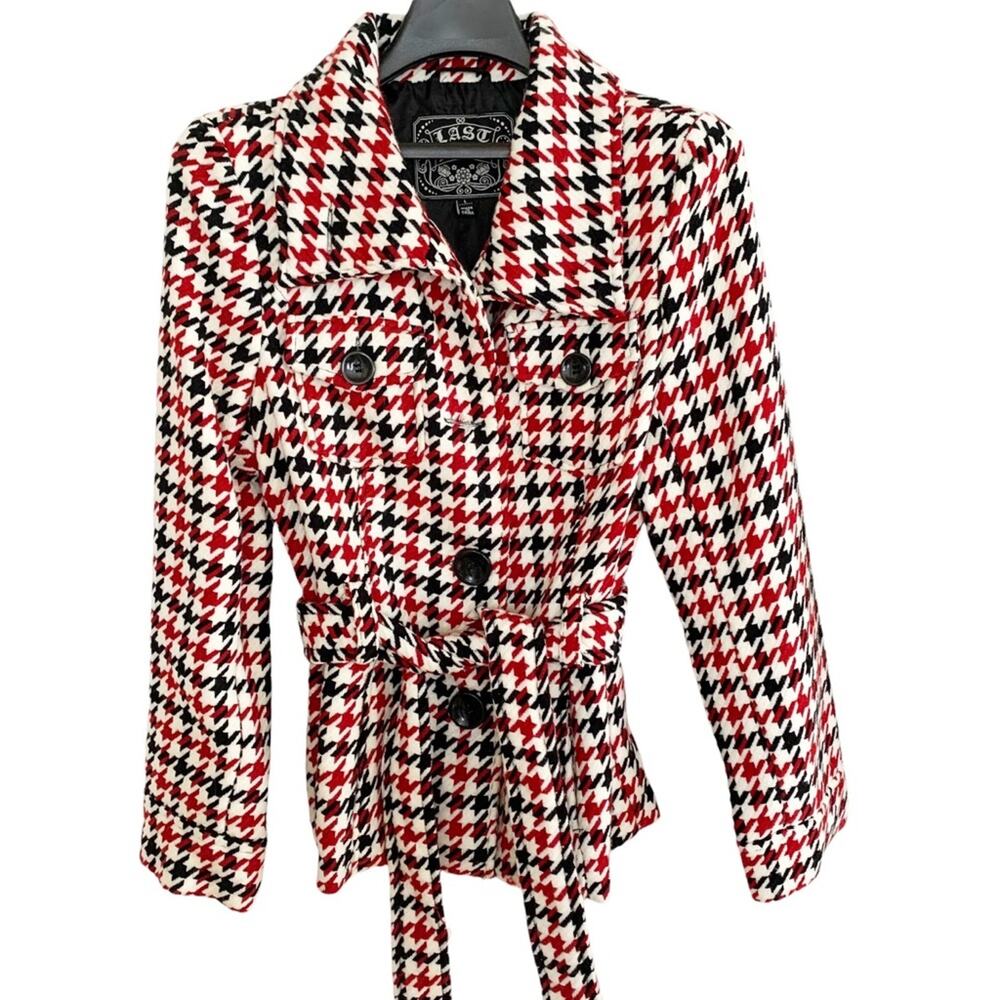 Last Kiss Vintage 90's Red Black Houndstooth Double Breasted Pea Coat Large